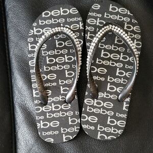 Bebe Black Flip Flops with Rhinestone Accents